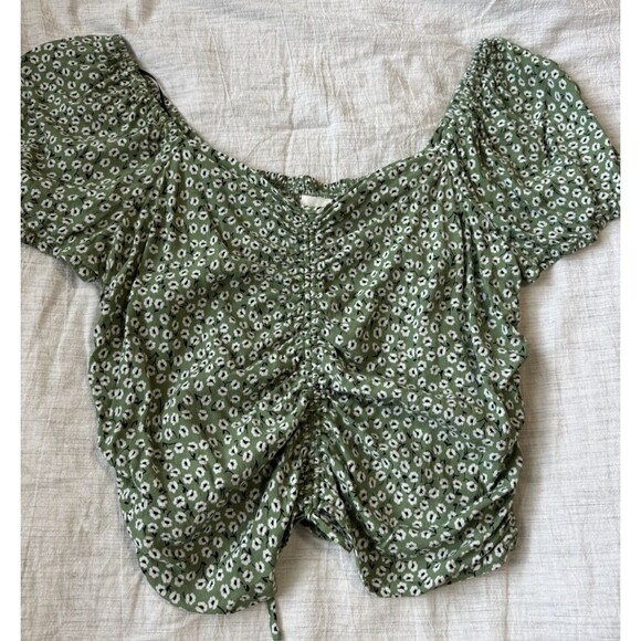 H&M Women's Sage Green Ditsy Floral Puff Sleeve Ruched Drawstring Top Size Large - Picture 7 of 16